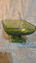 MCM Indiana Glass Avocado Green Diamond Footed Floral Candy Dish 1960s