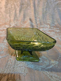 MCM Indiana Glass Avocado Green Diamond Footed Floral Candy Dish 1960s