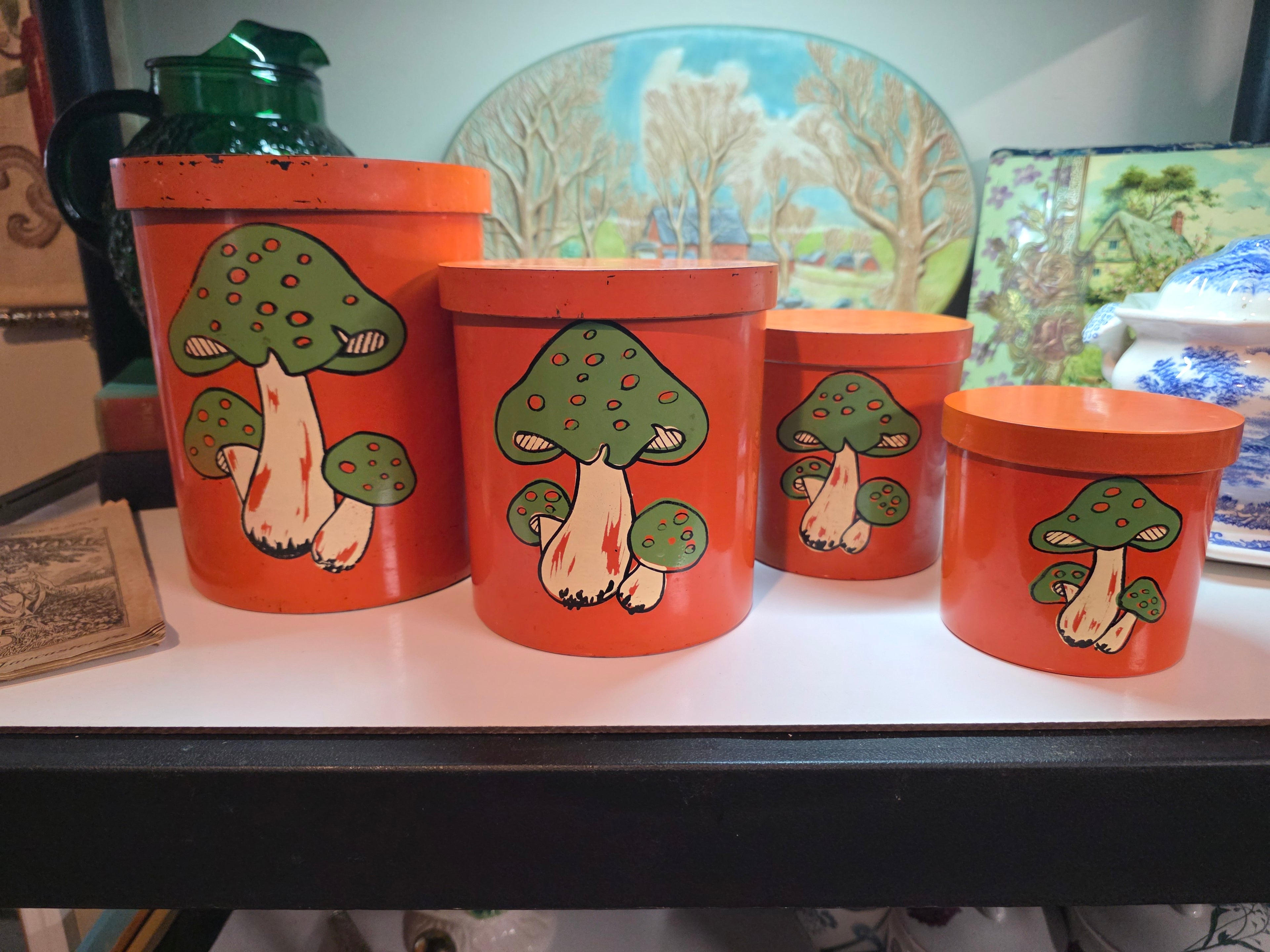 Vintage 1970s Sears Mushroom Melamine Nesting Canister Set - 4 Piece Retro Orange